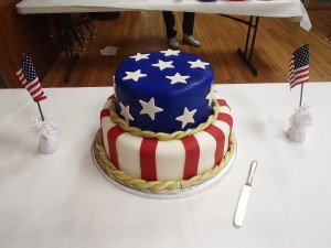 Beautiful patriotic cake provided by the Auxiliary for the Birthday Supper.